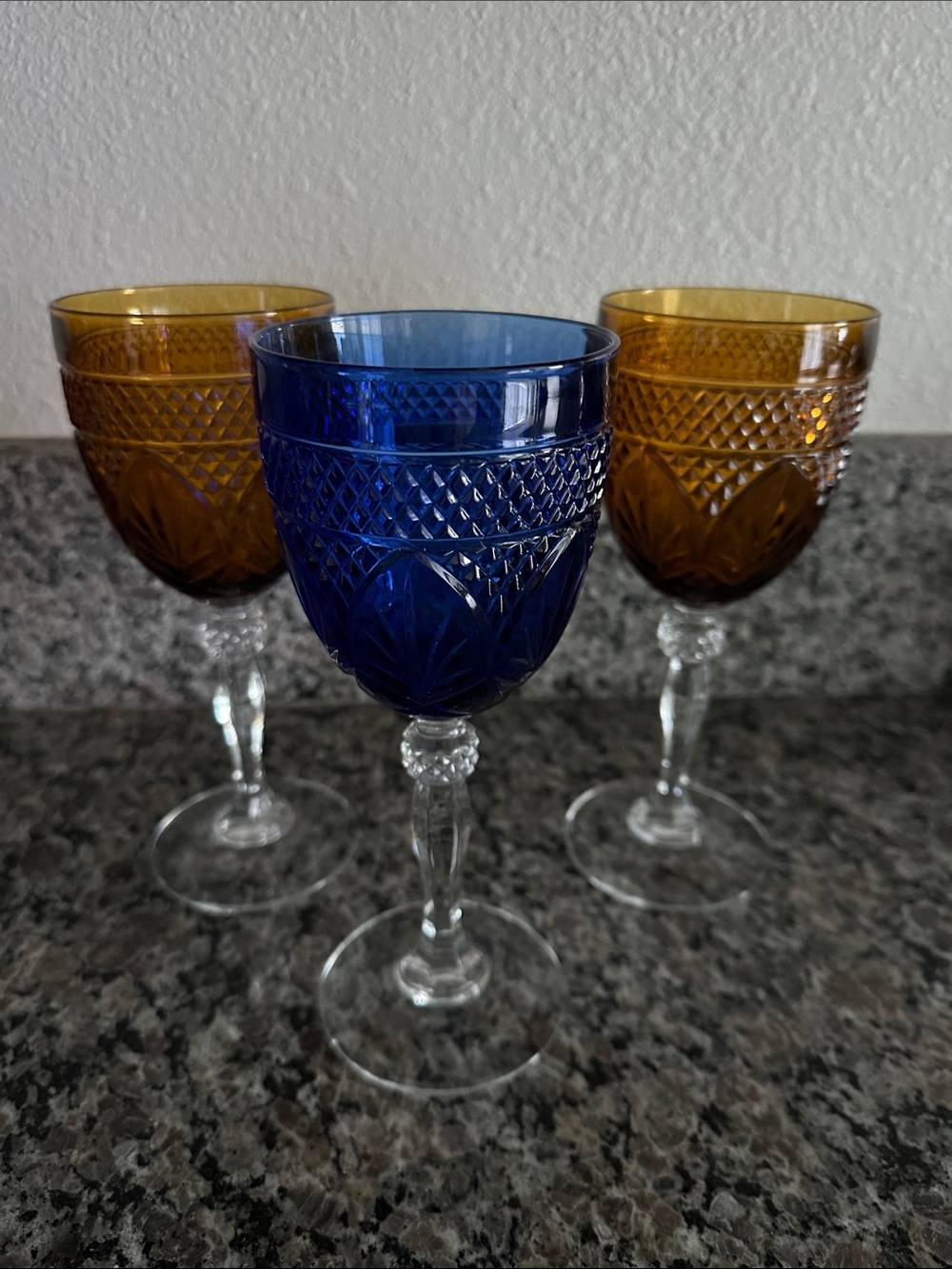 Vintage-Style Blue and Amber Cut Glass Goblets - Set of 3